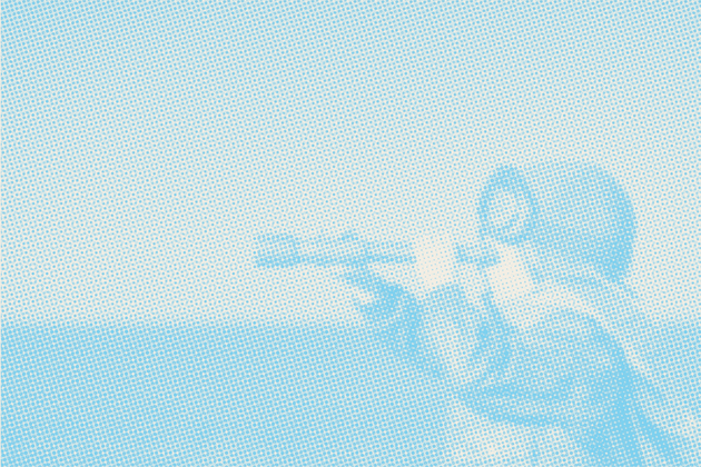 Soldier aims rifle with scope; light blue halftone effect.