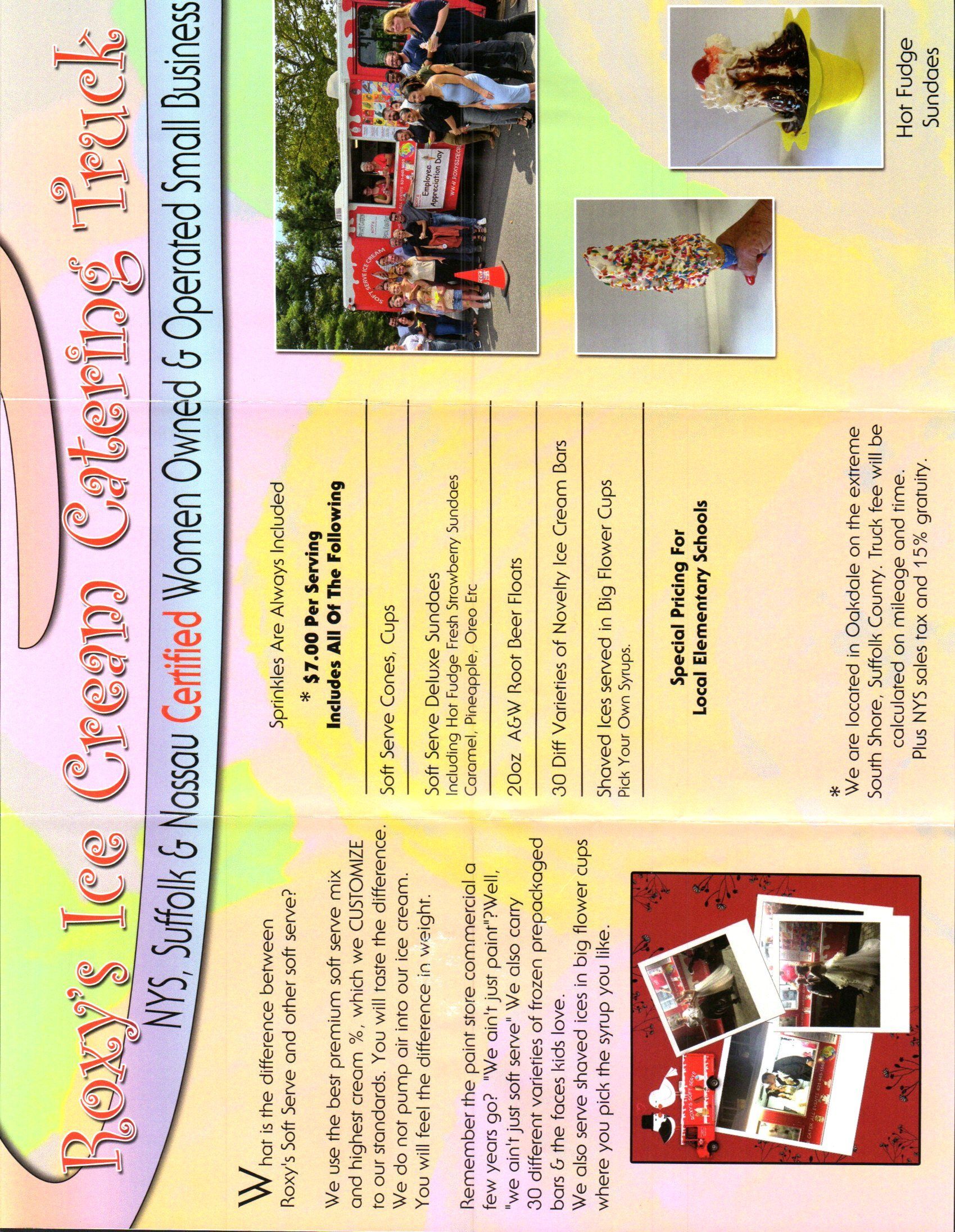 Roxy's ice cream catering truck brochure with photos of the truck and treats.