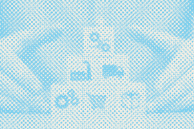 Hands holding stacked blocks with icons: percent, factory, delivery truck, cart, and clock.