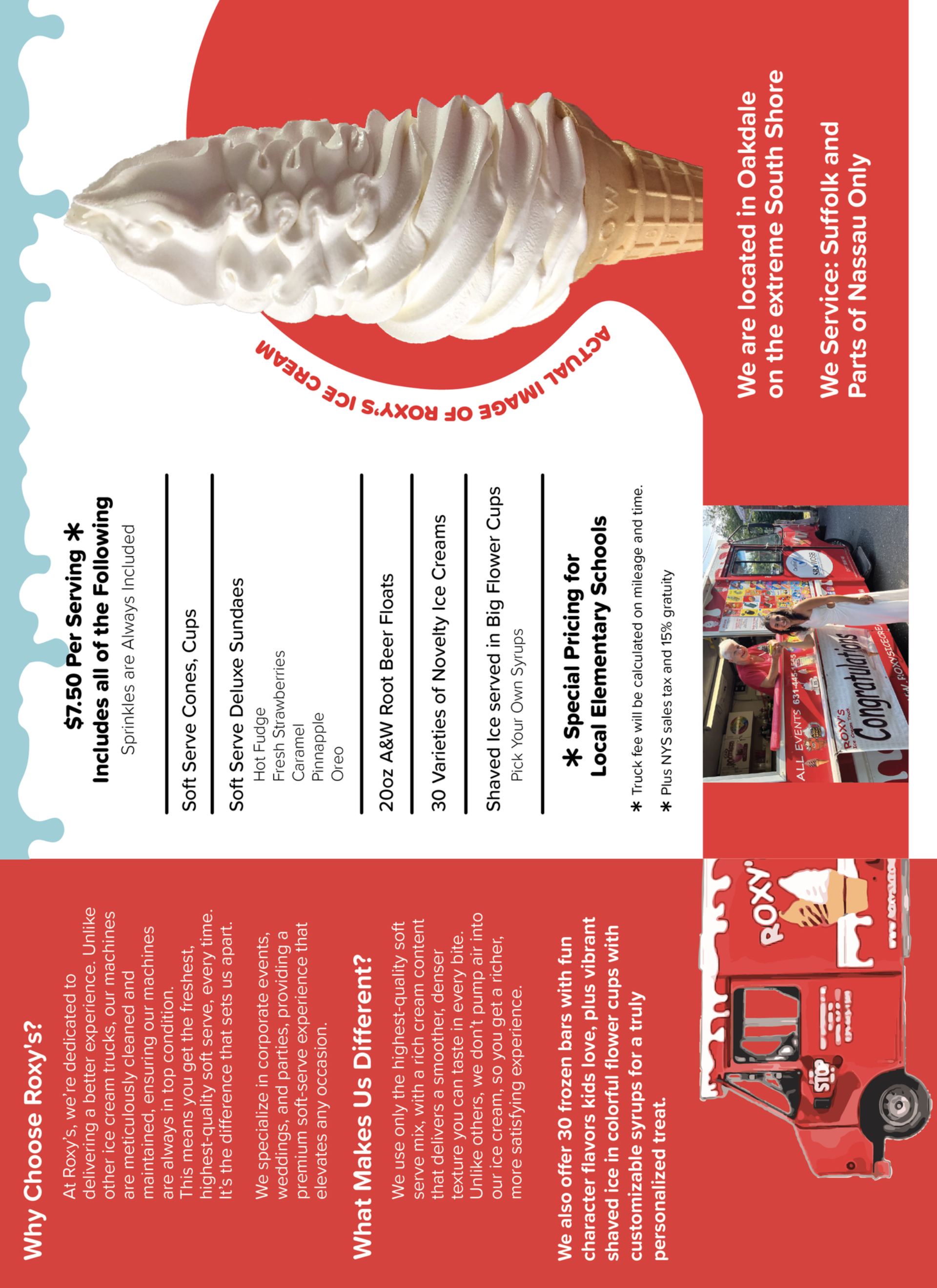 Ice cream cone with text. Red and white advertisement for ice cream, details serving locations and pricing.