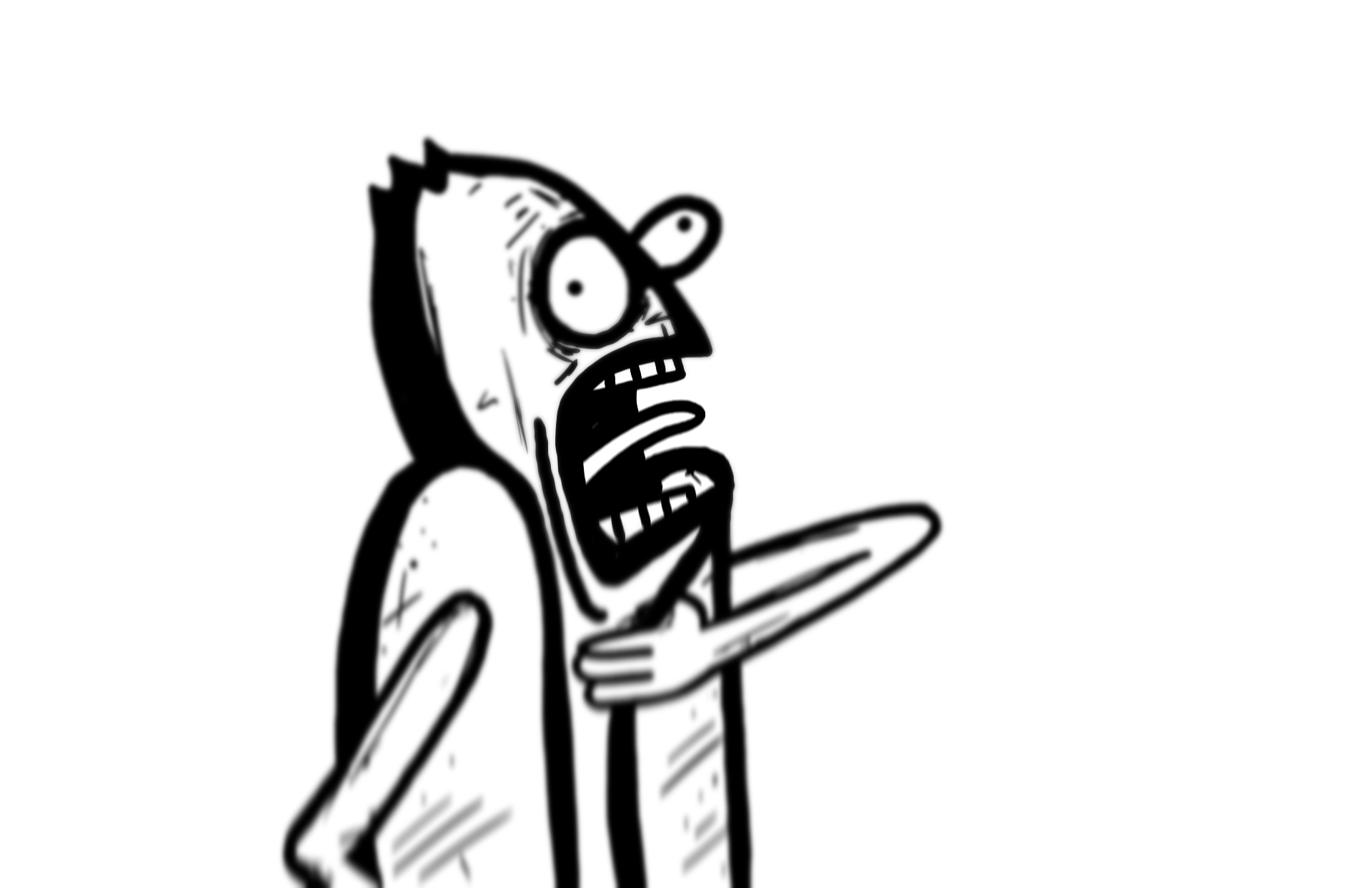 Cartoon hotdog with shocked expression, open mouth, one arm outstretched.