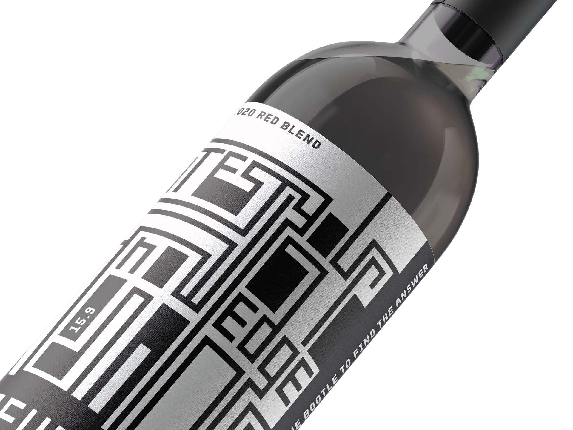 Bottle of red wine, label with geometric design in black and white. Text includes 