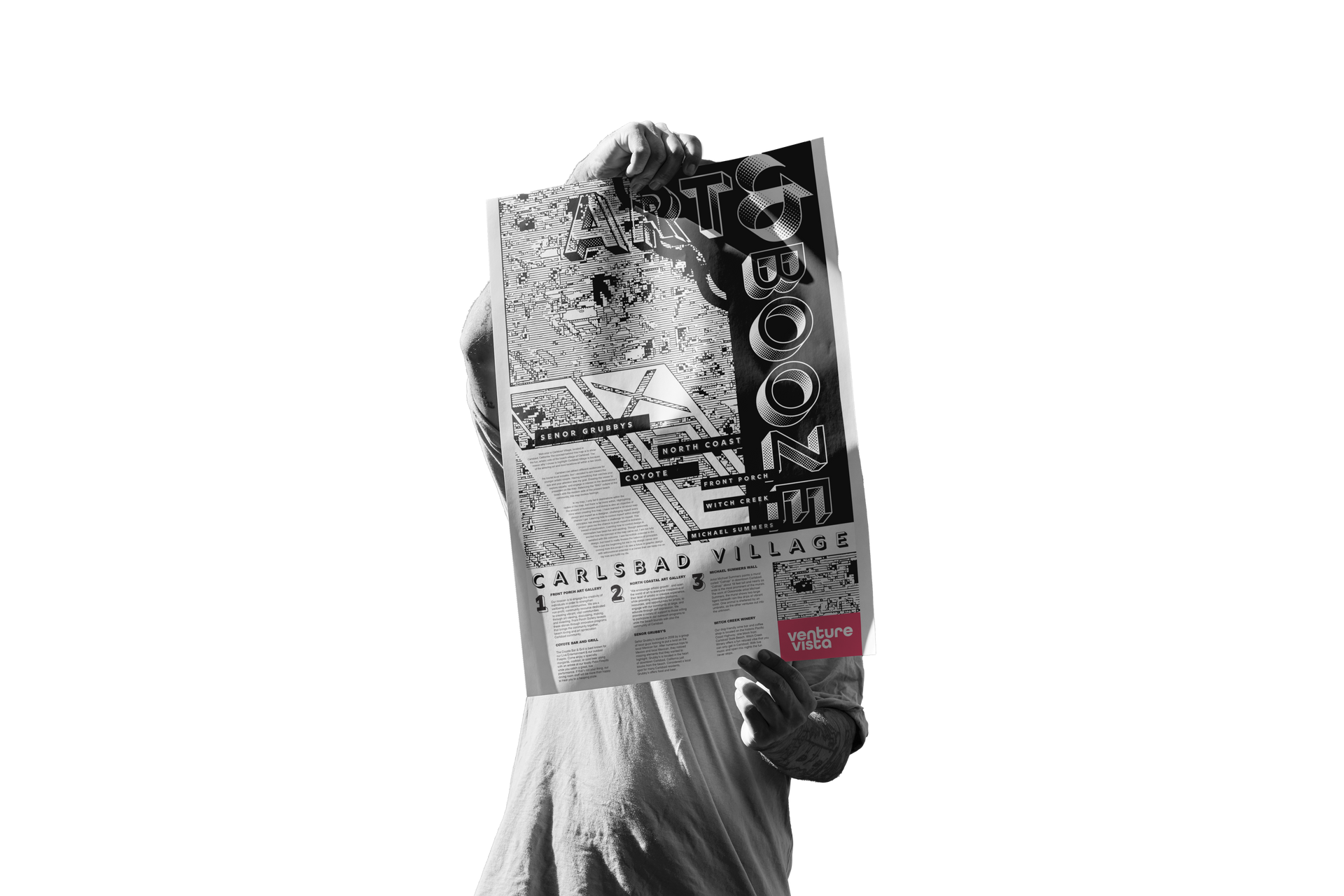 Person holding up a newspaper, obscuring their face. Black and white photo with a splash of red.