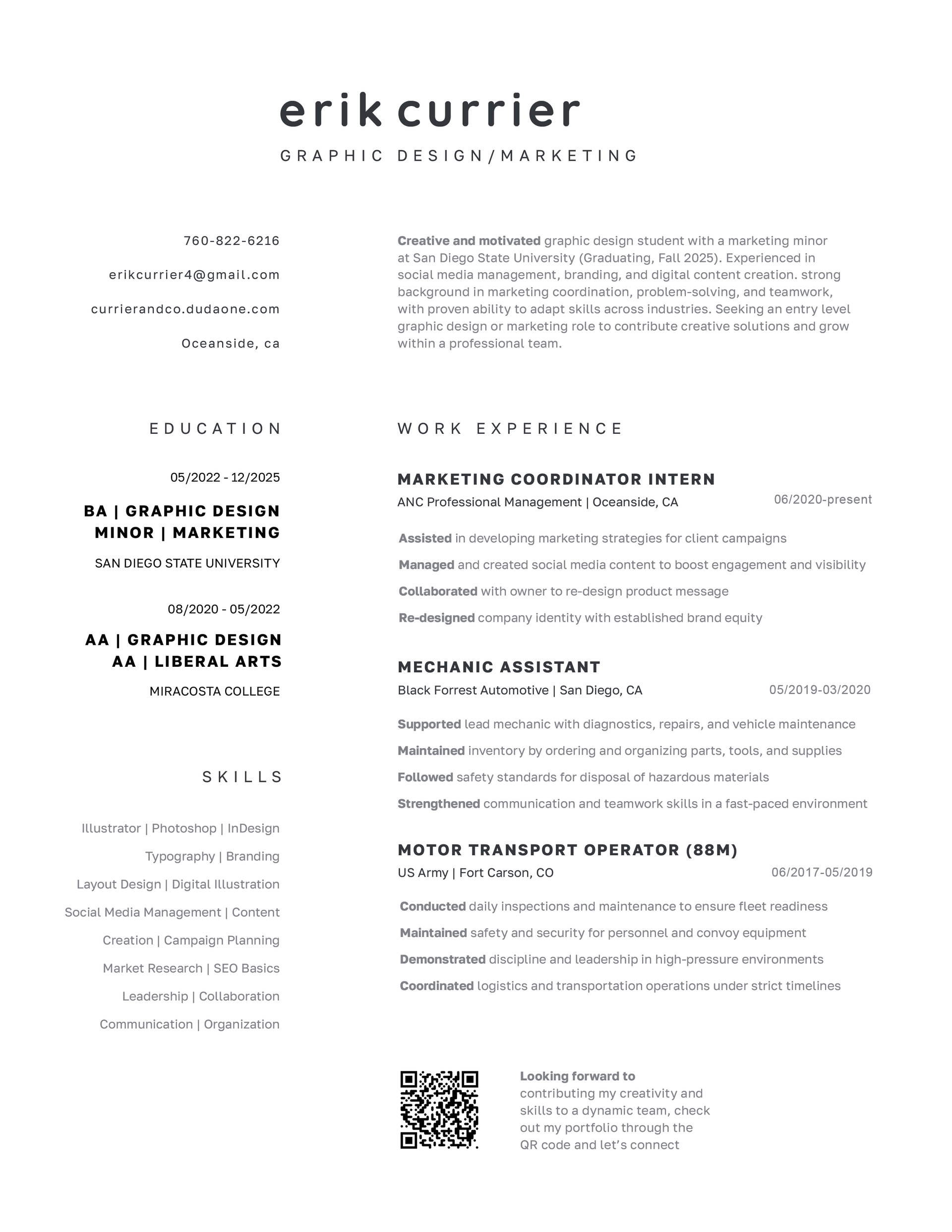 Resume for Erik Currier, listing work experience, education, and skills. Black text on white.