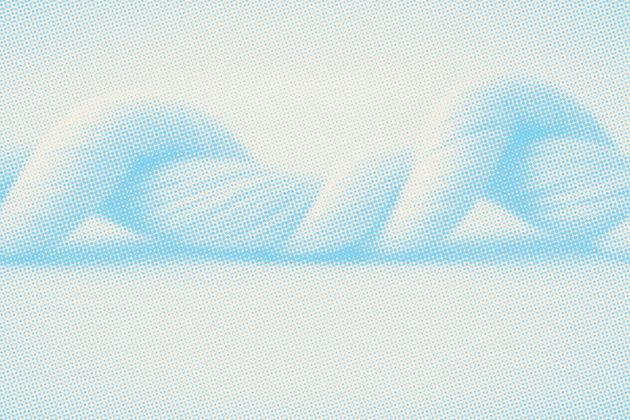 Blue halftone pattern of abstract shapes on a white background.
