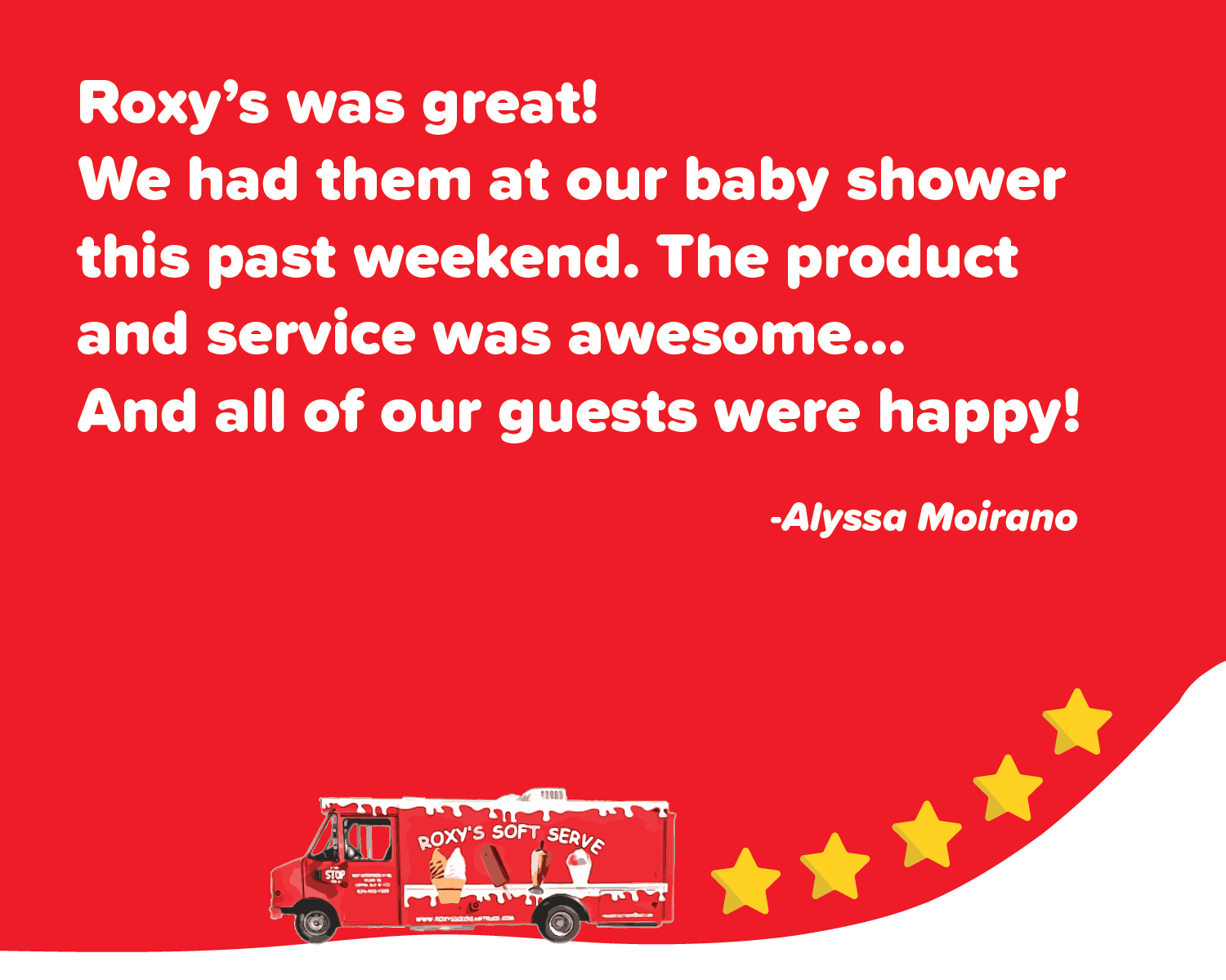 Red graphic with Roxy's food truck and five stars, a customer review: 