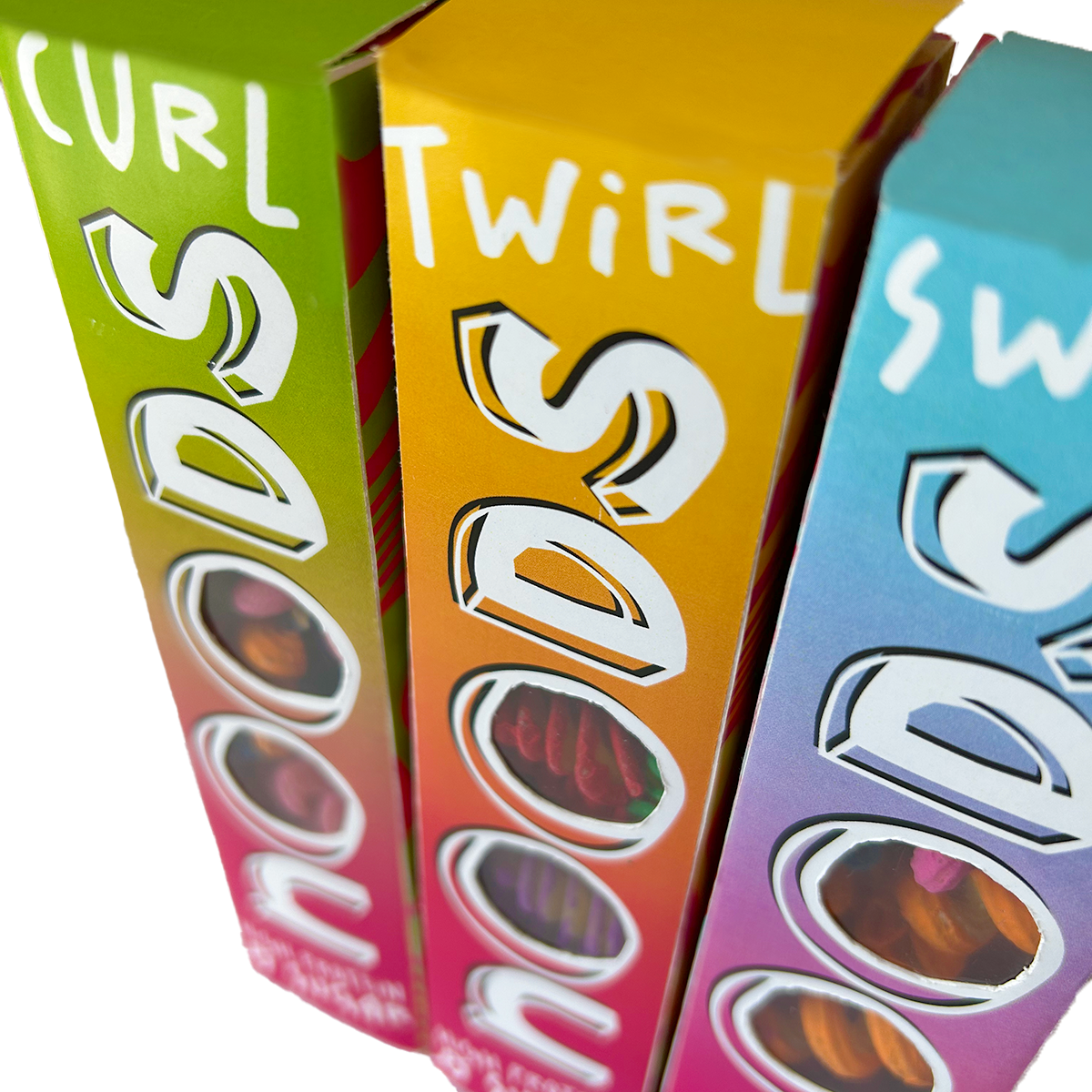 Three colorful candy boxes: green 