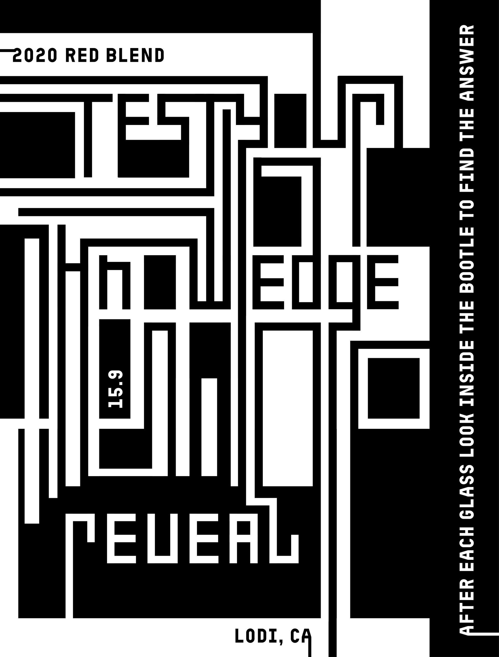 Wine bottle label with black and white maze design. Text includes 