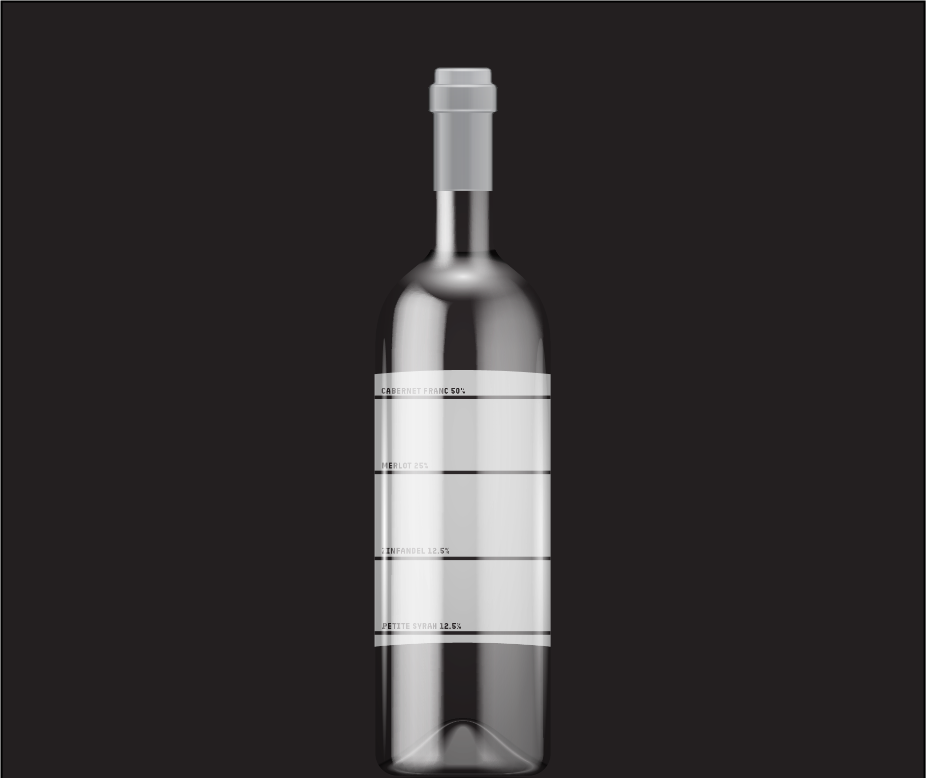 Clear glass wine bottle with a white label against a dark background.