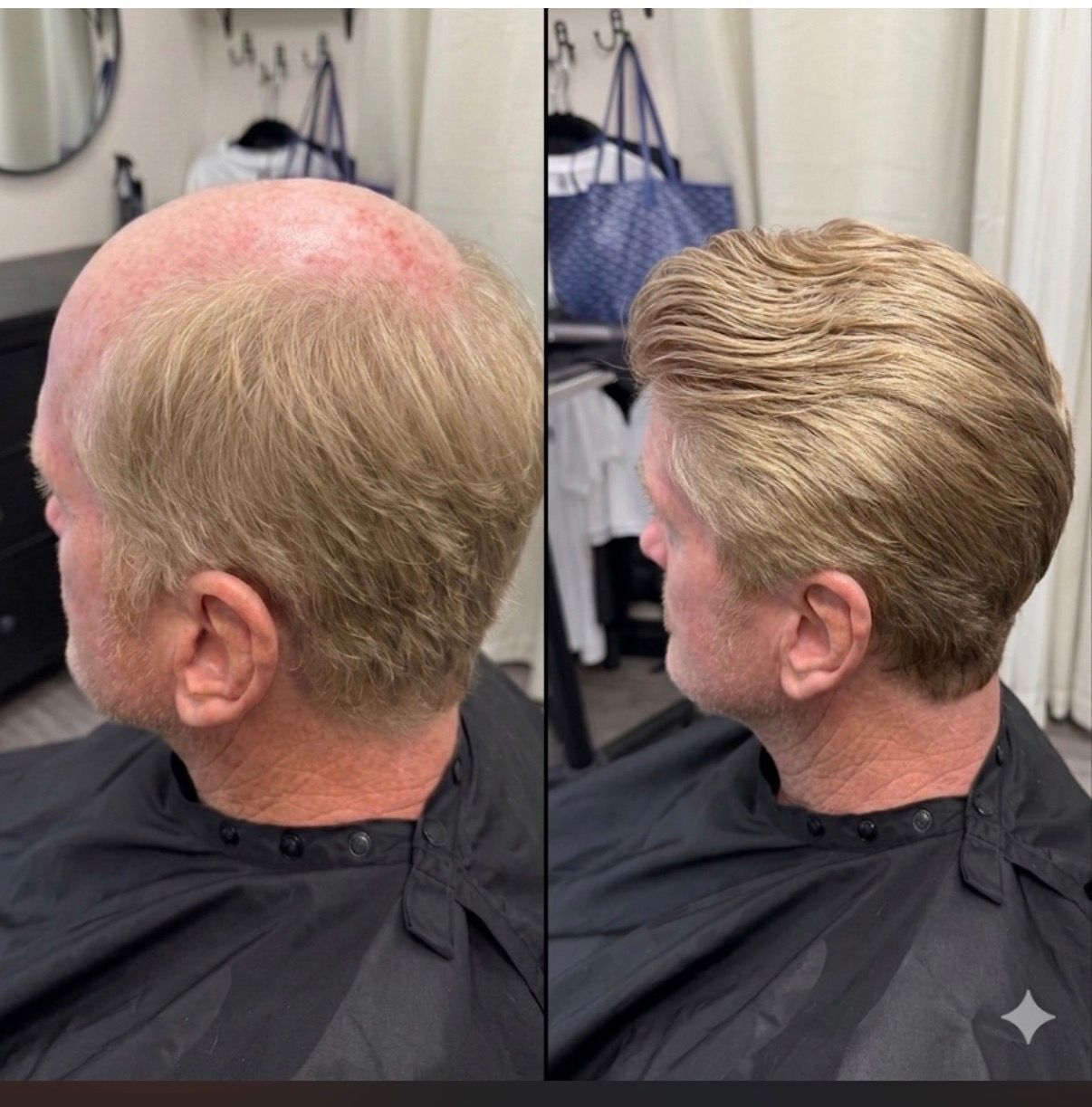 Short layered blonde haircut with dark roots, styled in soft swept-back waves.