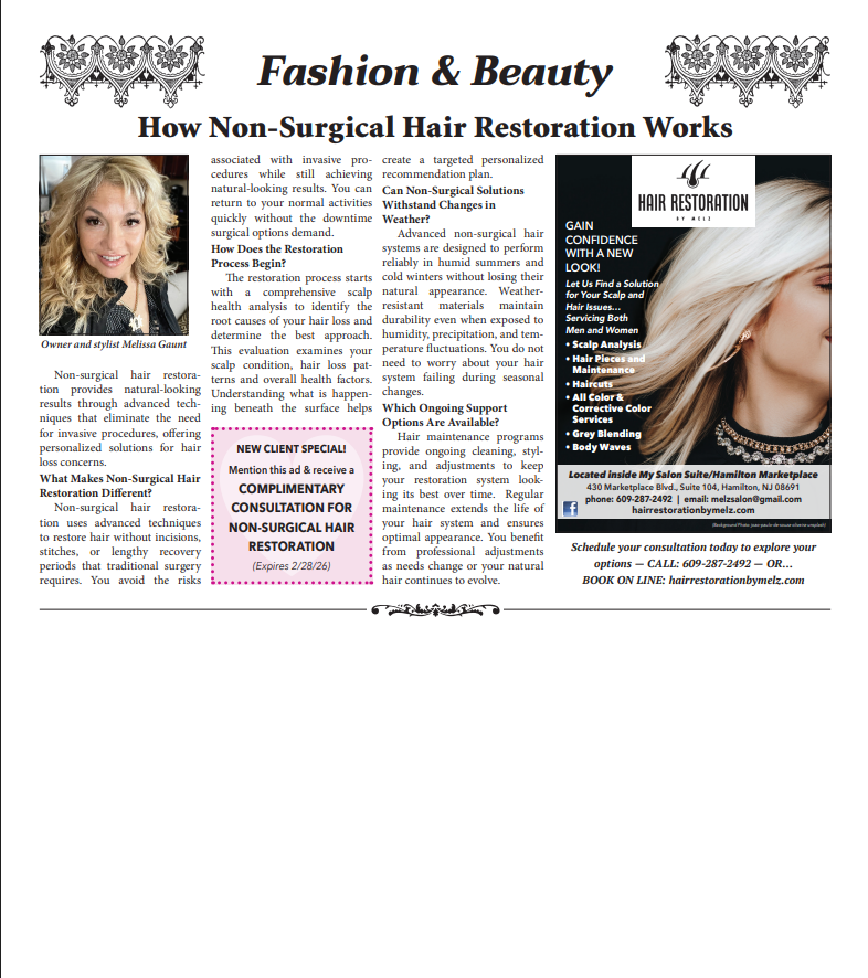 Article on non-surgical hair restoration; features a blonde woman and an advertisement.