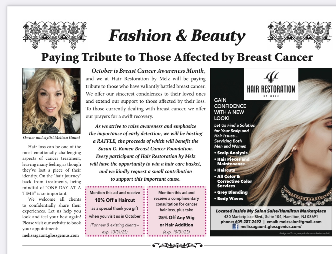 Fashion and Beauty article: Tribute to breast cancer survivors. Advertisement for hair restoration services.
