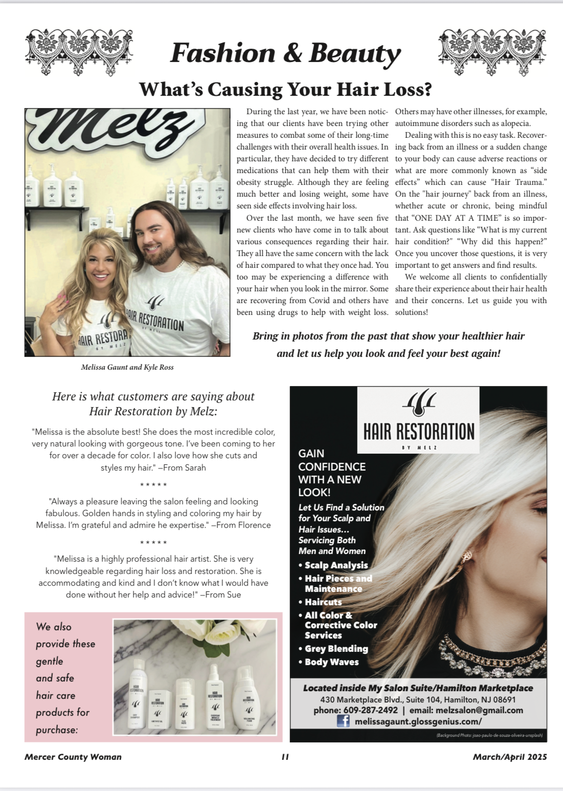 Fashion & Beauty article: Hair loss causes. Melz salon owners pose. Ad for hair restoration services.