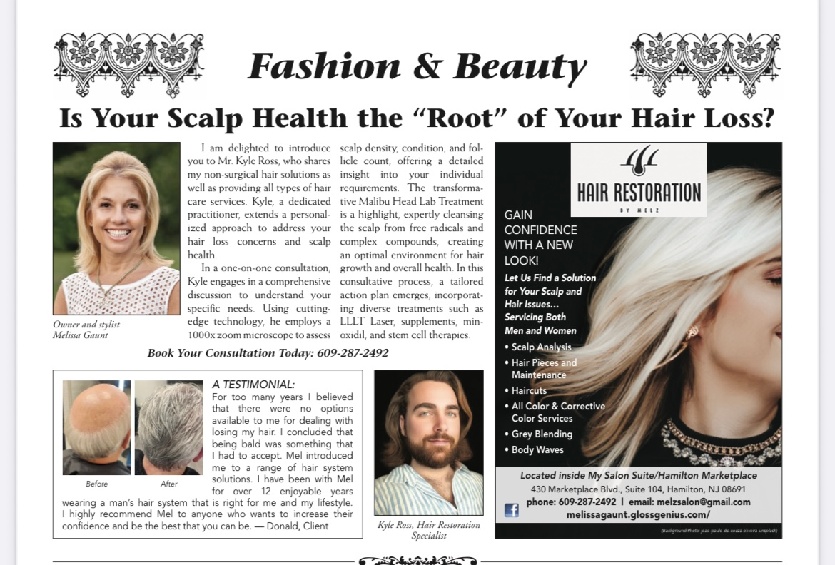 Article about scalp health and hair loss, with photo of a woman, a logo, and before/after hair loss photos.