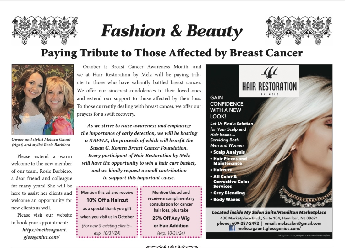 Advertisment for hair restoration with a woman on the right and two women on the left, plus a headline.
