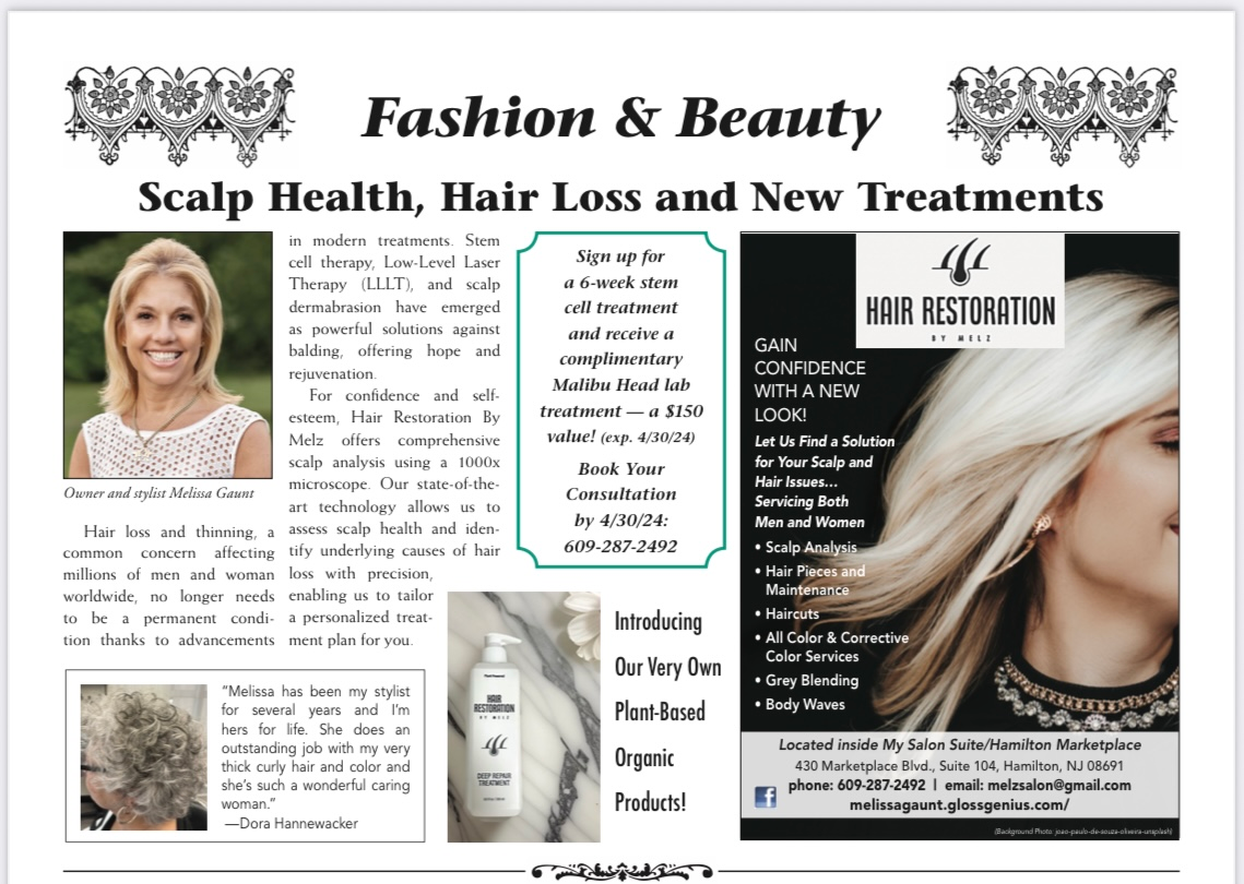 Magazine page: Fashion & Beauty, scalp health, hair loss ad featuring a woman and hair restoration services.