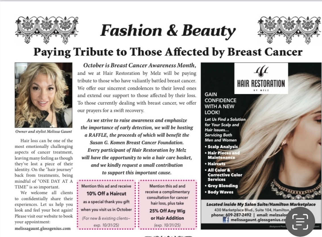 Fashion & Beauty ad. Paying tribute to breast cancer. Photos of women with text about hair services with discounts.