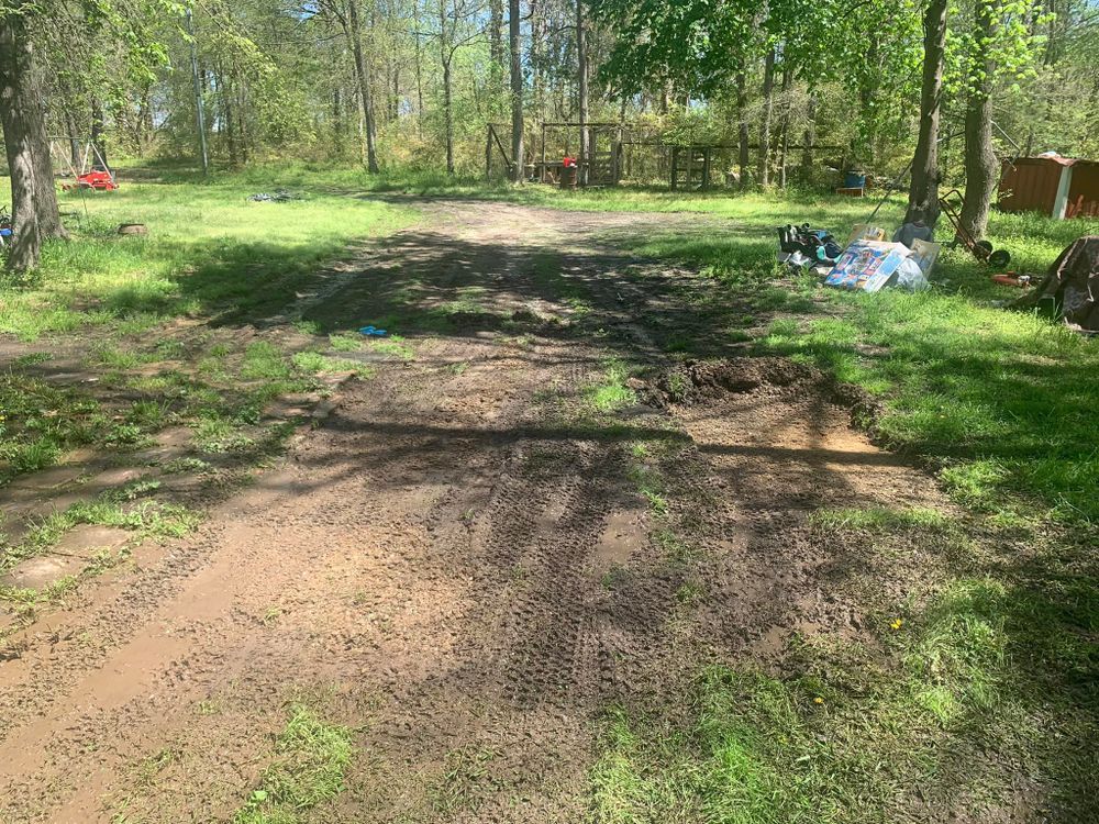 Muddy, cleared area in a grassy yard with trees in the background on a sunny day.