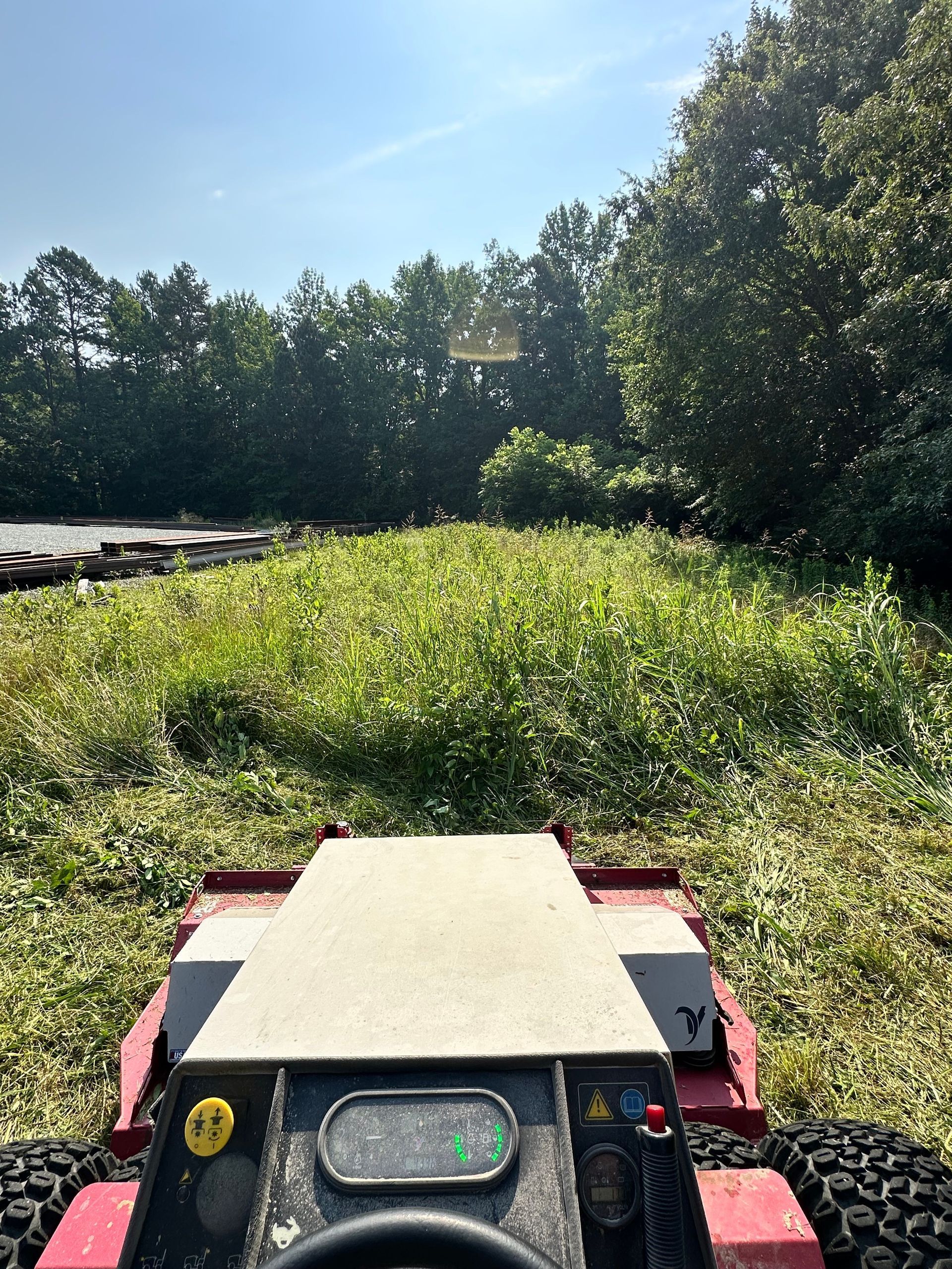 Red mower mowing overgrown grass in a field, with a bright sky and trees in the background.