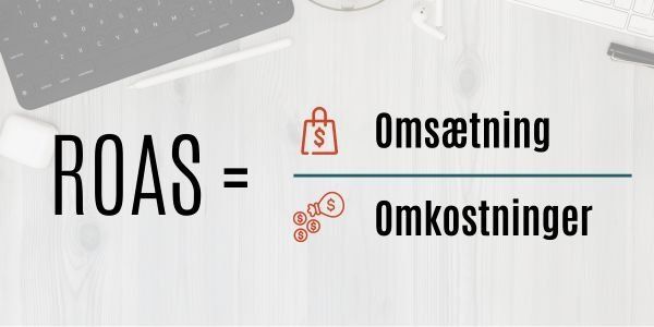 Et computertastatur står på et skrivebord ved siden af et skilt, hvor der står roas = omsætning omkostnader