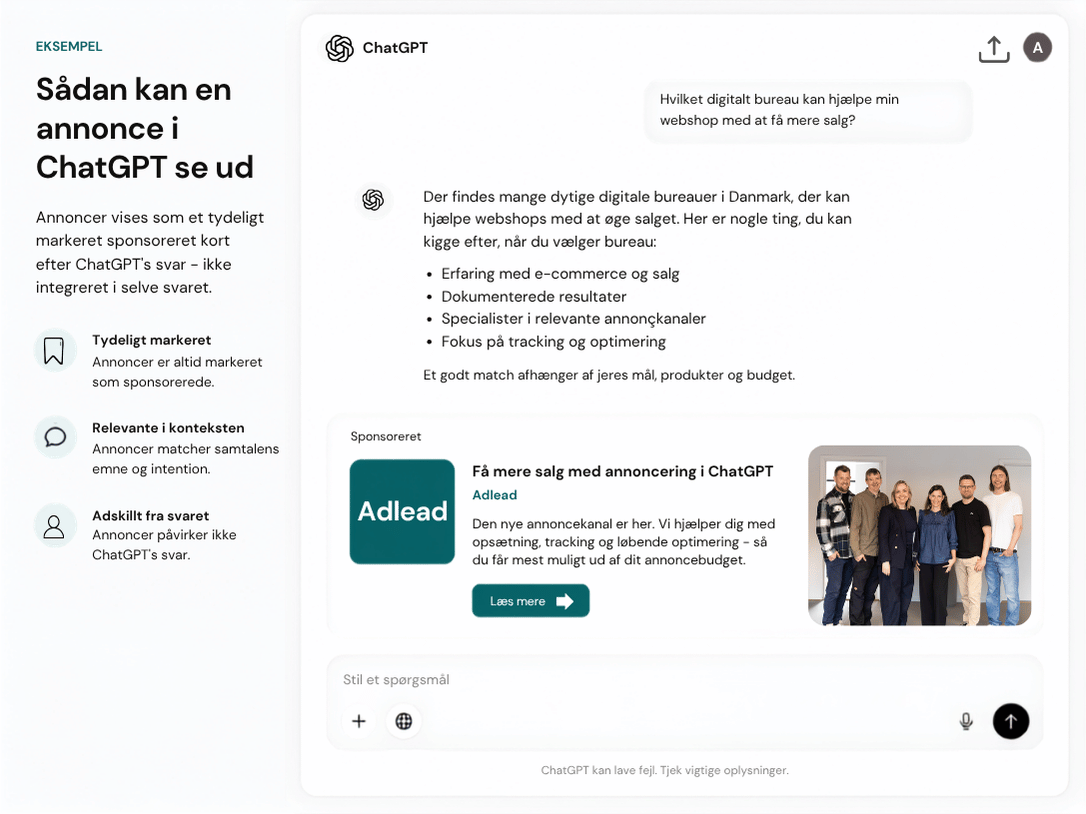 Et eksempel på hvordan en annonce for Adlead kan se ud i ChatGPT