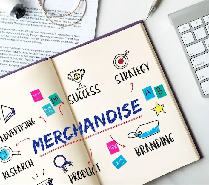 A book with a flow chart showing merchandise strategy for e-commerce services.
