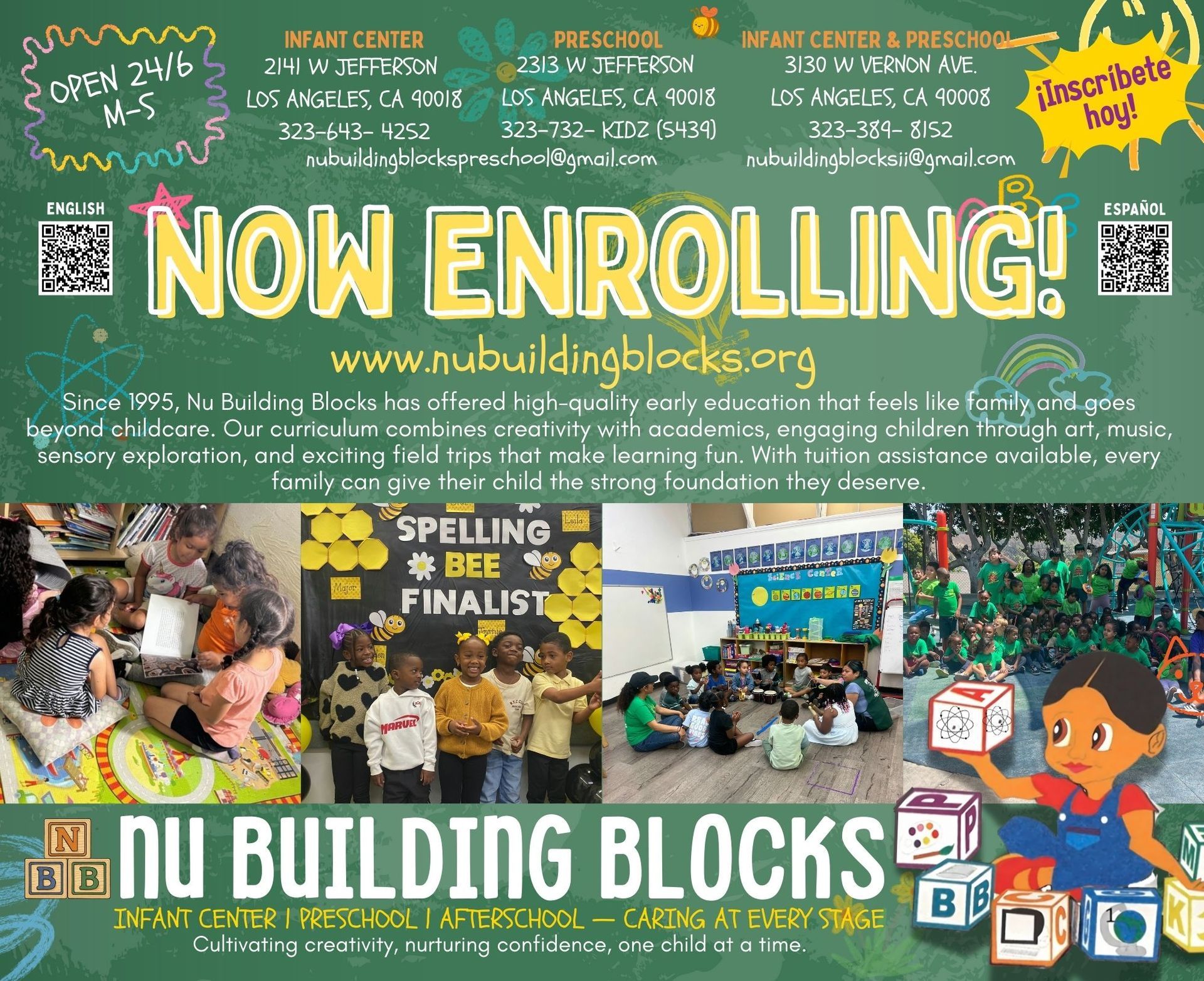 Advertisement for Nu Building Blocks preschool with children, text, and website information.