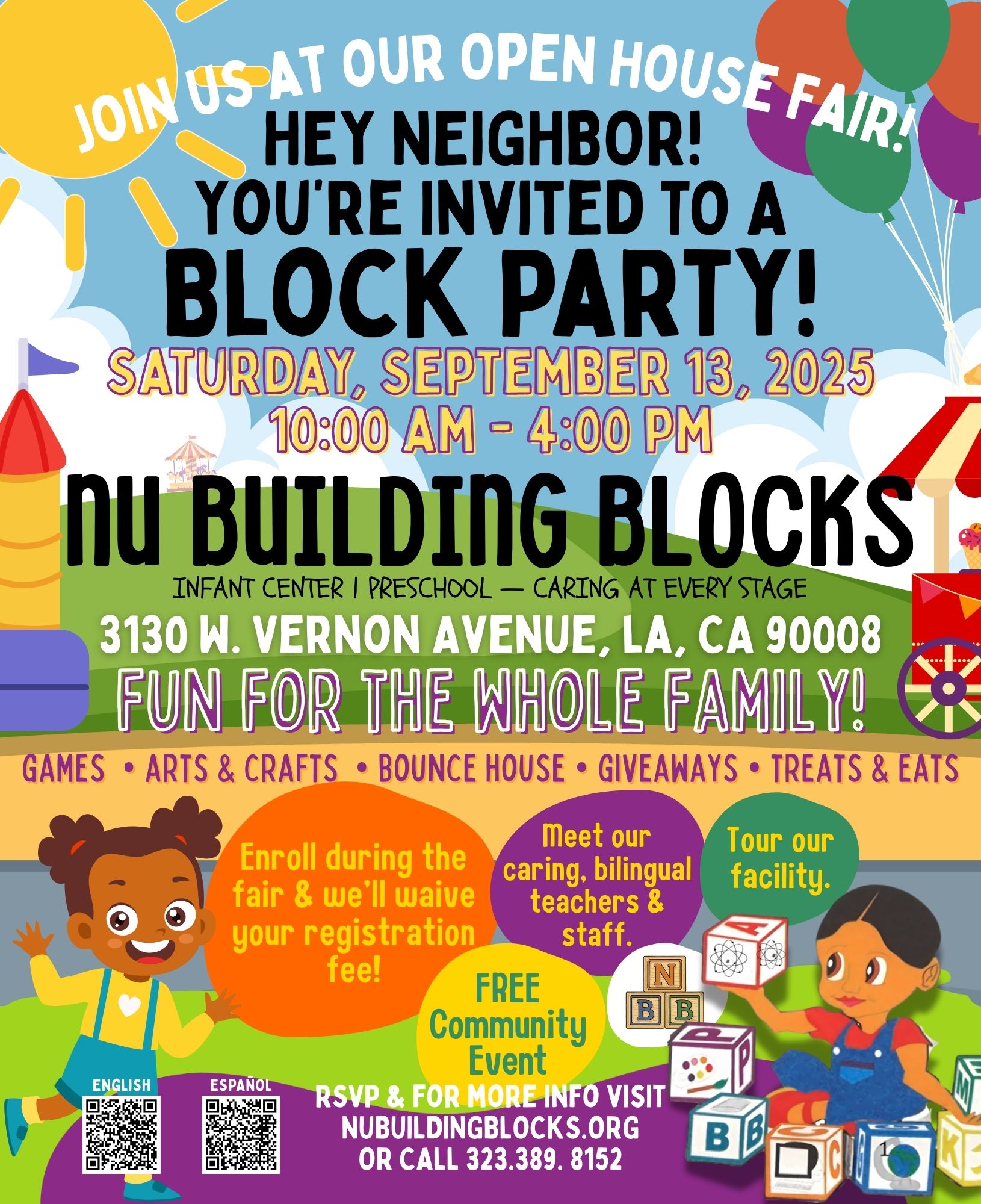 Block party flyer for Nu Building Blocks preschool, September 13, 2025, in LA. Includes fun activities and free event.