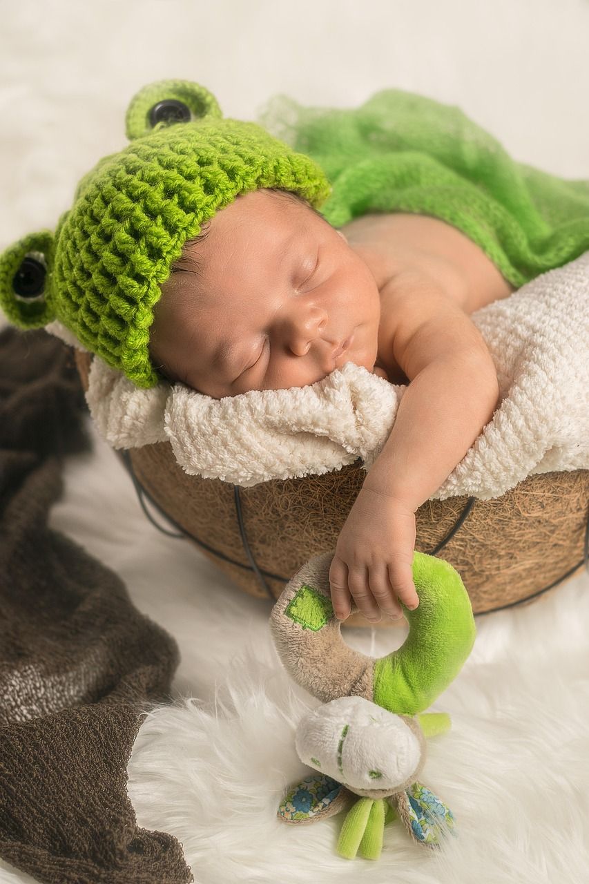 Newborn baby wearing a green frog hat, sleeping in a woven basket with a toy frog.