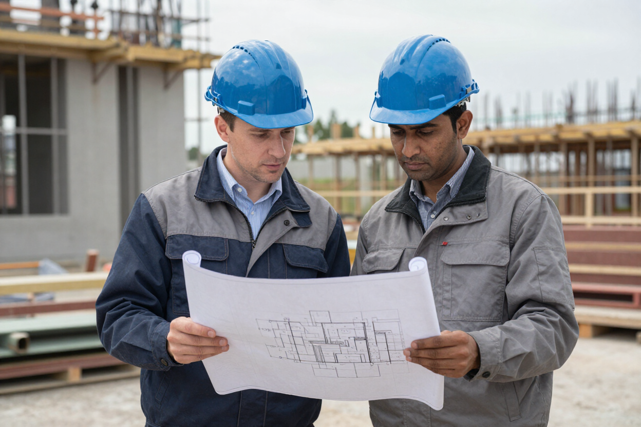 Ingenieros revisando planos en obra