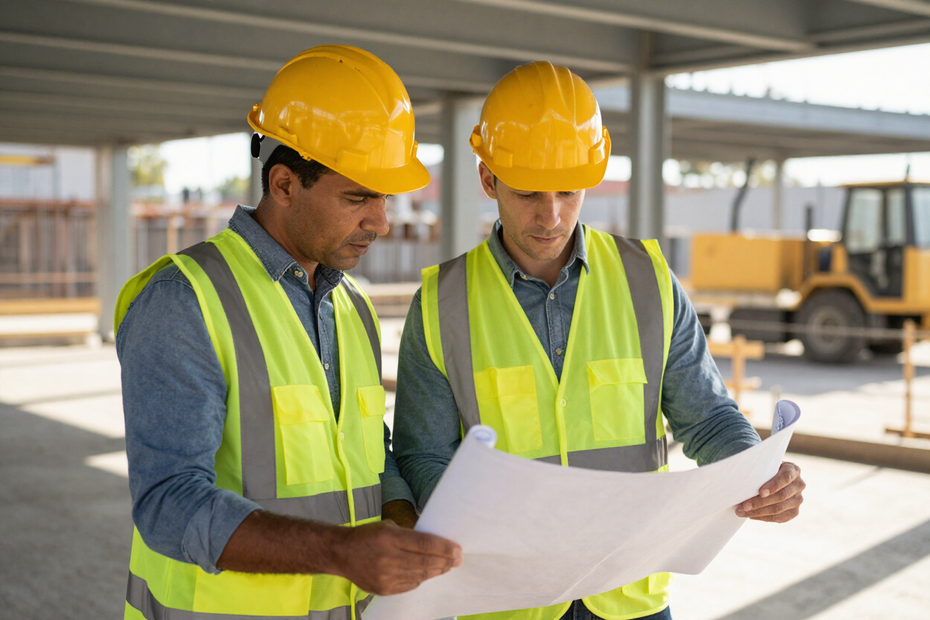 Ingenieros revisando planos en obra