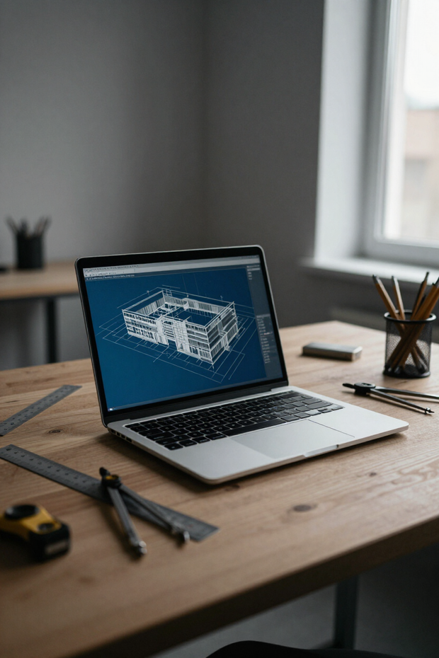 Planos y modelo de proyecto sobre mesa de trabajo