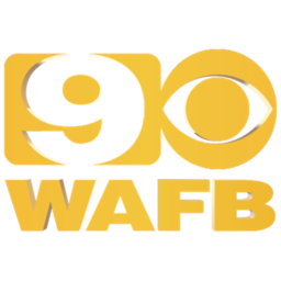 Logo for WAFB channel 9 in gold and white. The 9 is within a gold square, with a gold eye and