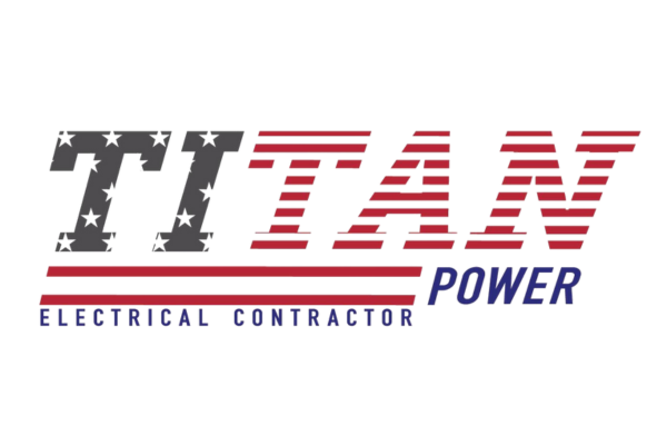 Logo for Titan Power, electrical contractor. Text uses American flag design.