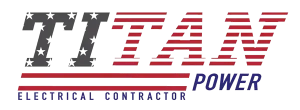 Logo for Titan Power, electrical contractor. Text uses American flag design.