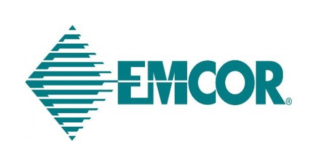 Logo for EMCOR: Teal diamond shape with horizontal lines, and teal text,