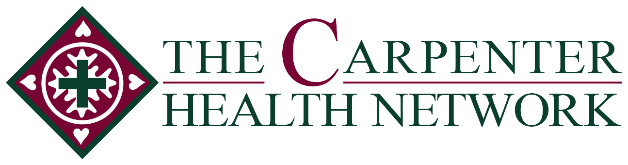 Logo of The Carpenter Health Network. Maroon and green colors. Square logo with a cross. Text: The Carpenter Health Network.