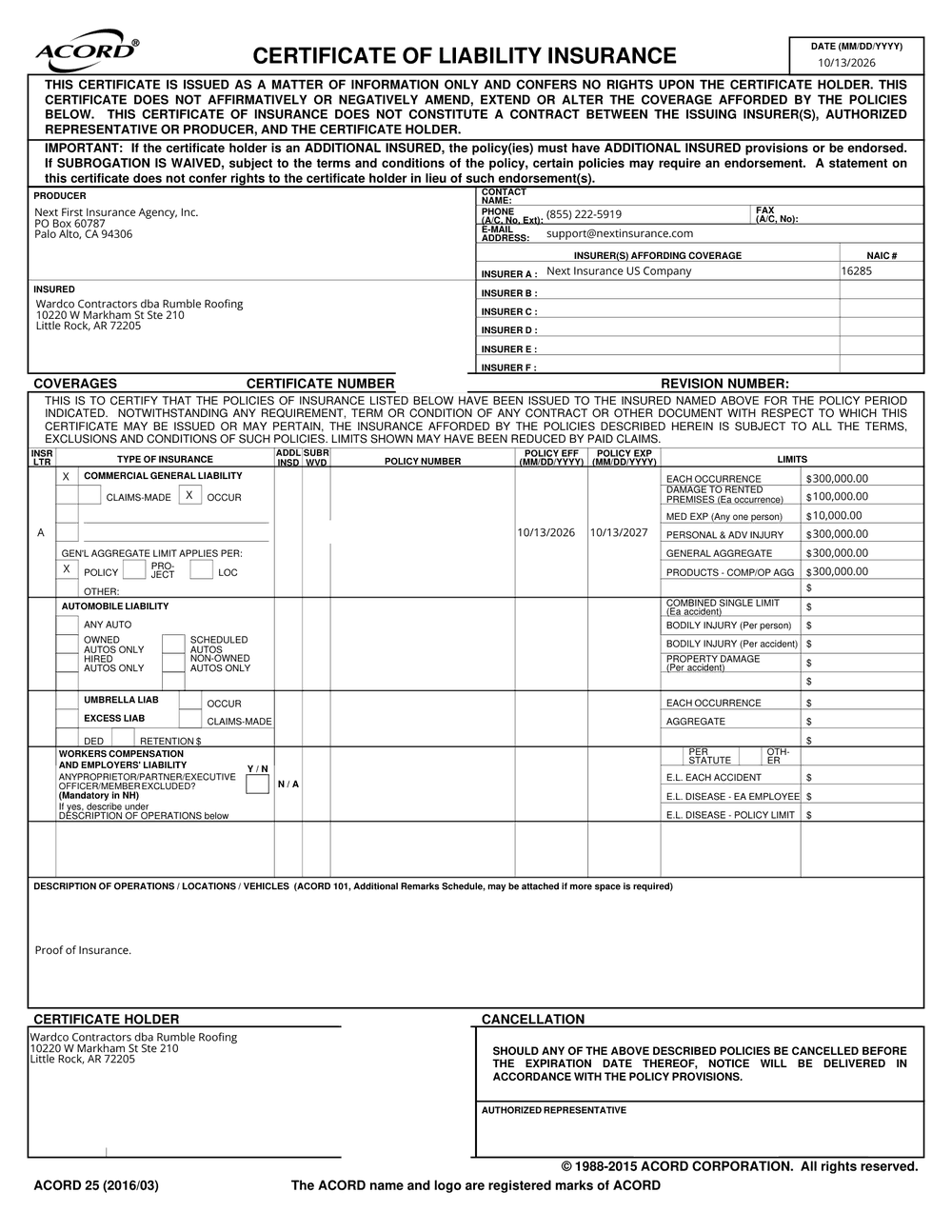 Certificate of liability insurance for Rumble Roofing, issued on ACORD form 25, showing commercial general liability coverage through Next Insurance US Company with a $300,000 each-occurrence limit.