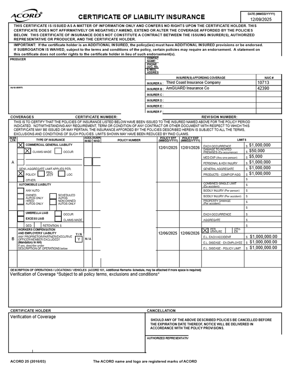 Redacted certificate of liability insurance for an installation partner, showing $1,000,000 general liability limits and statutory workers' compensation with $1,000,000 employers' liability.