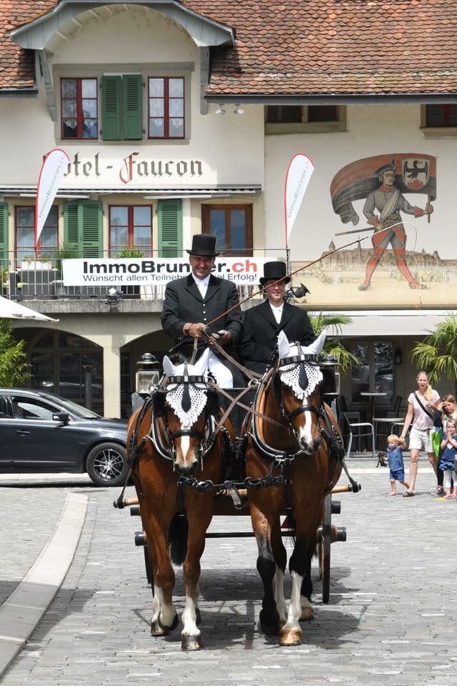 Zwei Männer in formeller Kleidung fahren eine Pferdekutsche auf einer Kopfsteinpflasterstraße vor einem Gebäude mit einem Wandgemälde.