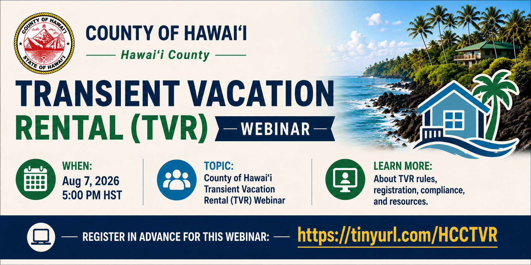 County of Hawaiʻi Bill 147 update announcing the August 7, 2026 Transient Vacation Rental (TVR)