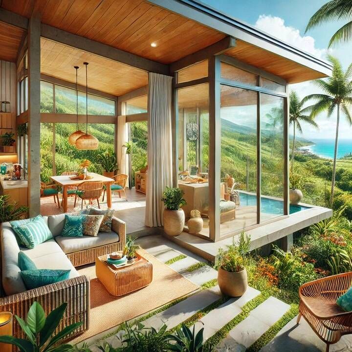 Lounge area with views of ocean and lush green hills, featuring an outdoor pool and dining area.