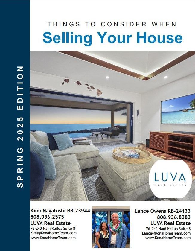 Brochure cover: Selling your house, featuring a living room with an ocean view. Includes realtor contact info.