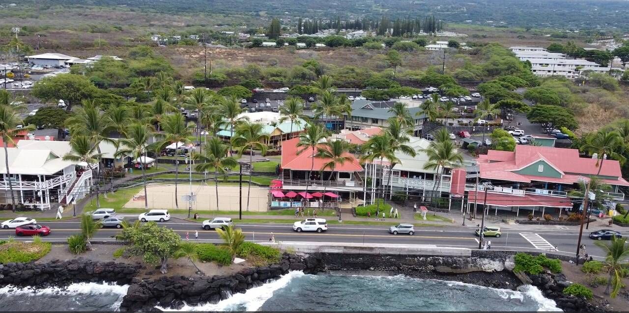 Coastal town with buildings, palm trees, road, and ocean.