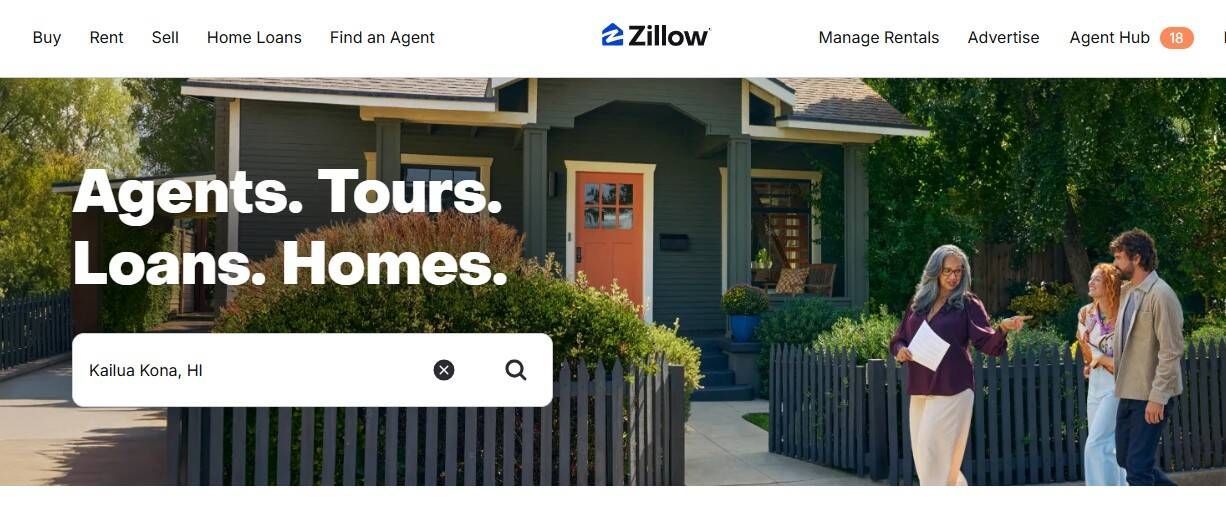 Zillow homepage with search bar, house, and people.