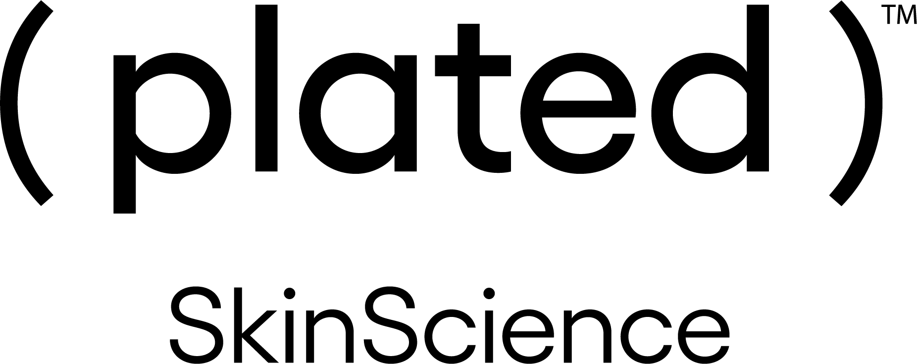 Logo for Plated SkinScience, black text on a white background.