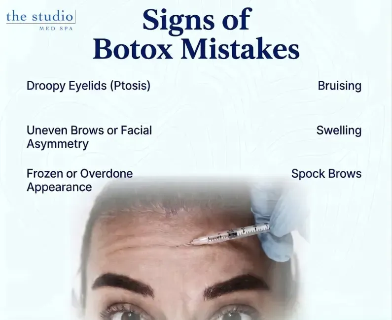image showing signs of botox mistakes, and a women getting botox at forehead