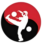 Soccer player kicking ball silhouette inside a Yin Yang symbol, red and black colors.