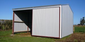 A metal shed is sitting in the middle of a grassy field.