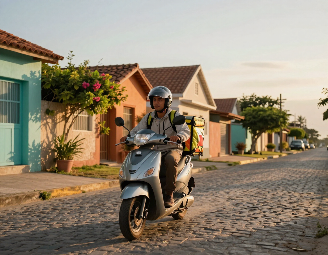 Rider de Pedidos Miramar en scooter en calle residencial de Miramar